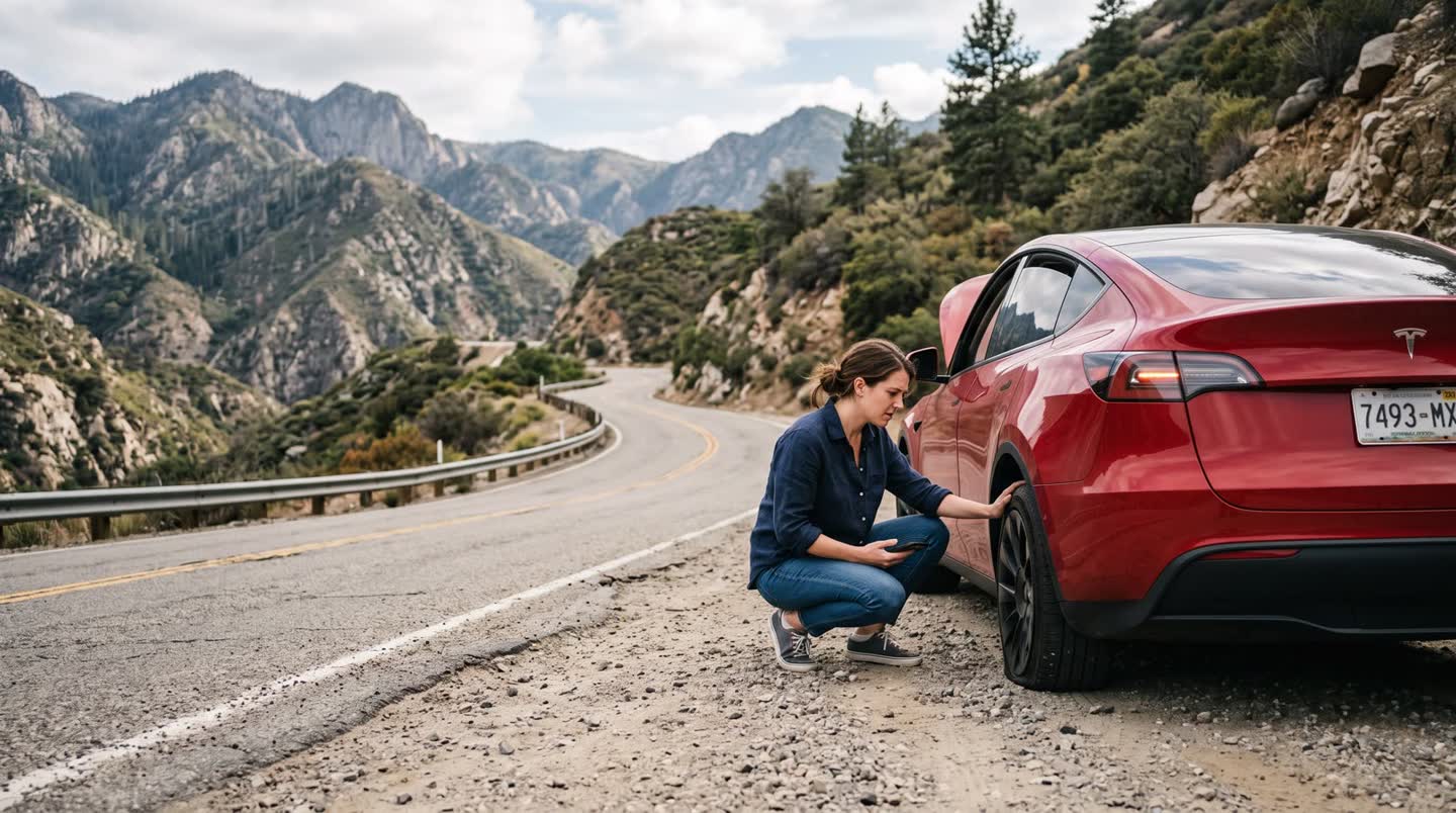 Tesla stopped on a mountain road with driver checking a tire